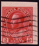 2 cent carmine booklet stamp with wide top and right margin and 
        the other two margins trimmed to make it look imperforate, a variety 
        that was never issued