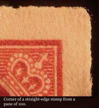 Magnified view of the upper right corner of a 2 cent carmine 
        from a pane of 100 with the top and right imperforate