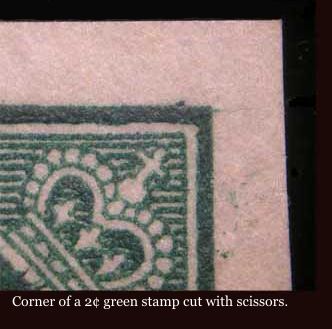 Magnified view of the upper right corner of a 2 cent green with 
        the top and right cut with scissors to make the edges look imperforate