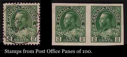 Examples of fully perforated and imperf stamps issued in panes of 100