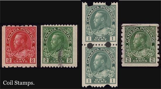 Four examples of coil stamps: 2 cent carmine endwise coil,
            perf 8; 2 cent green endwise coil perf 12; pair of 1 cent green
            experimental coil; 2 cent green sidewise coil perf 8
