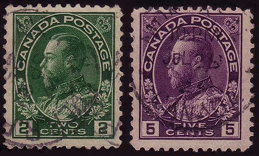 2 cent green and 5 cent violet on thin paper