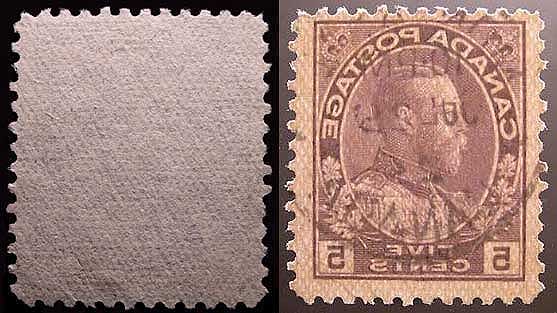 Two views of the back of the 5 cent violet.  The first view 
        shows the mesh pattern that is characteristic of the thin paper and 
        the second view, photographed through a back light, shows how 
        translucent the thin paper is.