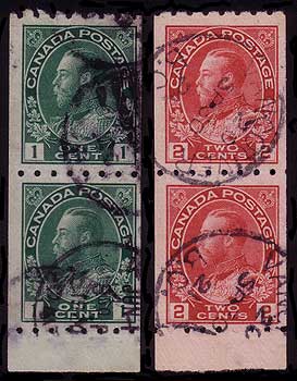 Used pair of the 1 cent green and 2 cent carmine endwise coils 
        with selvedge at the bottom.  The cancel on the bottom stamp in each 
        pair stops at the selvedge.