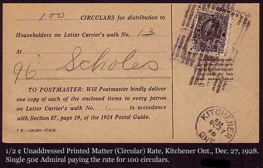 Bulk payment receipt for 100 circulars at the 1/2 cent 
            rate; postmarked Kitchener, ON, 27 Dec. 1928