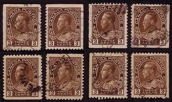 Eight 3 cent brown stamps.  Each stamp has a different 
        straight edge or pair of straight edges.