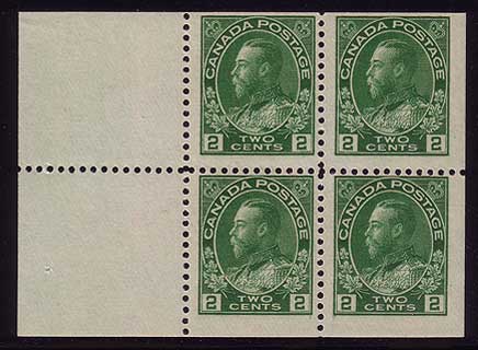 Booklet pane of four of the 2 cent green, showing the straight-edge
        varieties found on booklet panes.