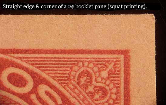 2 cent carmine stamp from a booklet pane with straight edges 
        on the top and right sides showing the smooth clean cut along the straight edges.