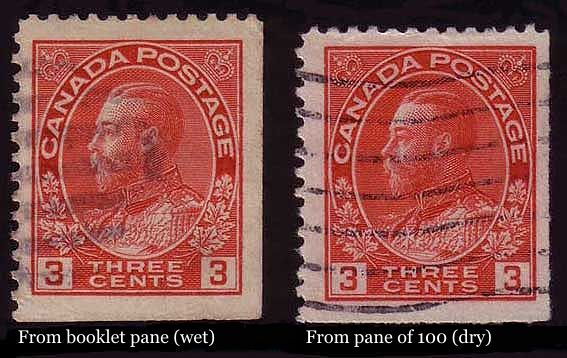 Two 3 cent carmine stamps with straight edges on the bottom 
        and right sides.  The left stamp from a booklet pane is narrower 
        than the right one from a pane of 100.