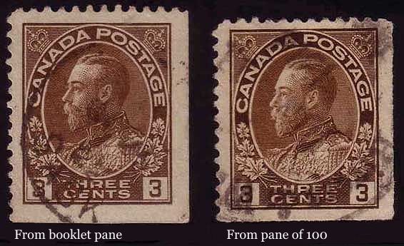 Two 3 cent brown stamps with straight edges on the bottom 
        and right sides.  The left stamp is from a booklet pane and the right 
        one is from a pane of 100.