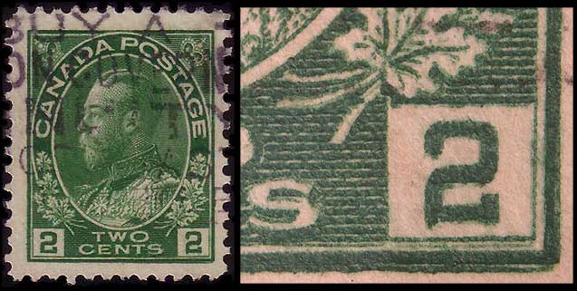 2 cent green and an enlargement of the lower right corner 
        showing the major re-entry on 161LL69