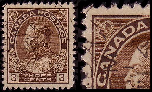 3 cent brown stamp from plate 23 and an enlargement of the upper left 
        corner showing the retouched upper left vertical line and oval