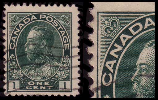 One cent green stamp and an enlargement of the upper left corner 
        showing weak horizontal and vertical lines due to the incomplete transfer