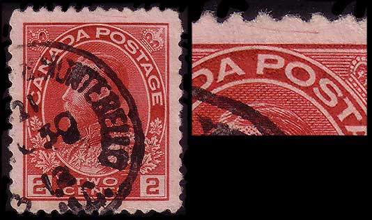 2 cent carmine stamp and an enlargement of the top center showing the 
        long scratch in the top margin
