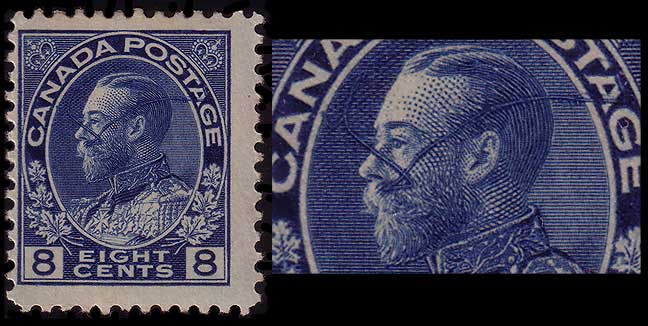 8 cent stamp with an enlargement showing a long, very irregular 
        thick line wandering across the central part of the design, possibly 
        caused by an errant piece of thread